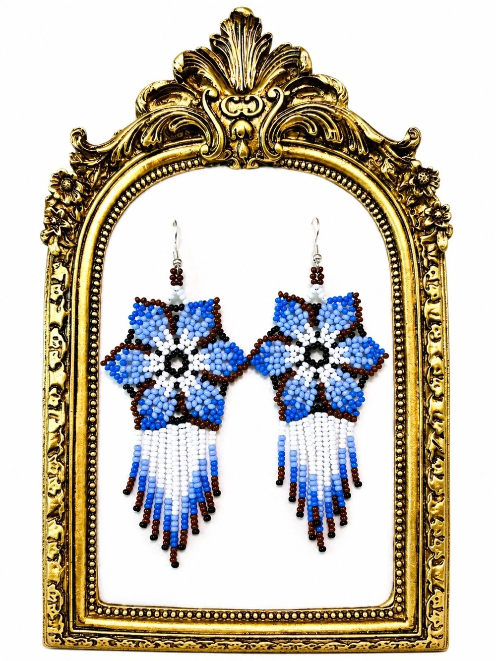 Handmade Blue Beaded Flower Fringe Earrings - Untitled Brand